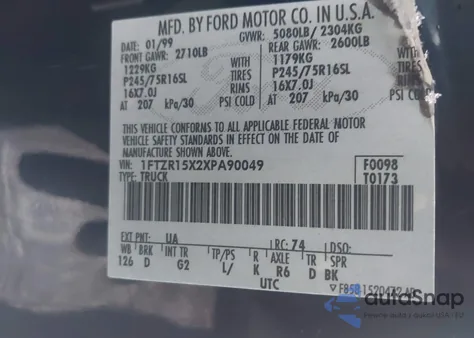 1999 Ford Ranger Xlt из США, поврежденный, VIN 1FTZR15X2XPA90049